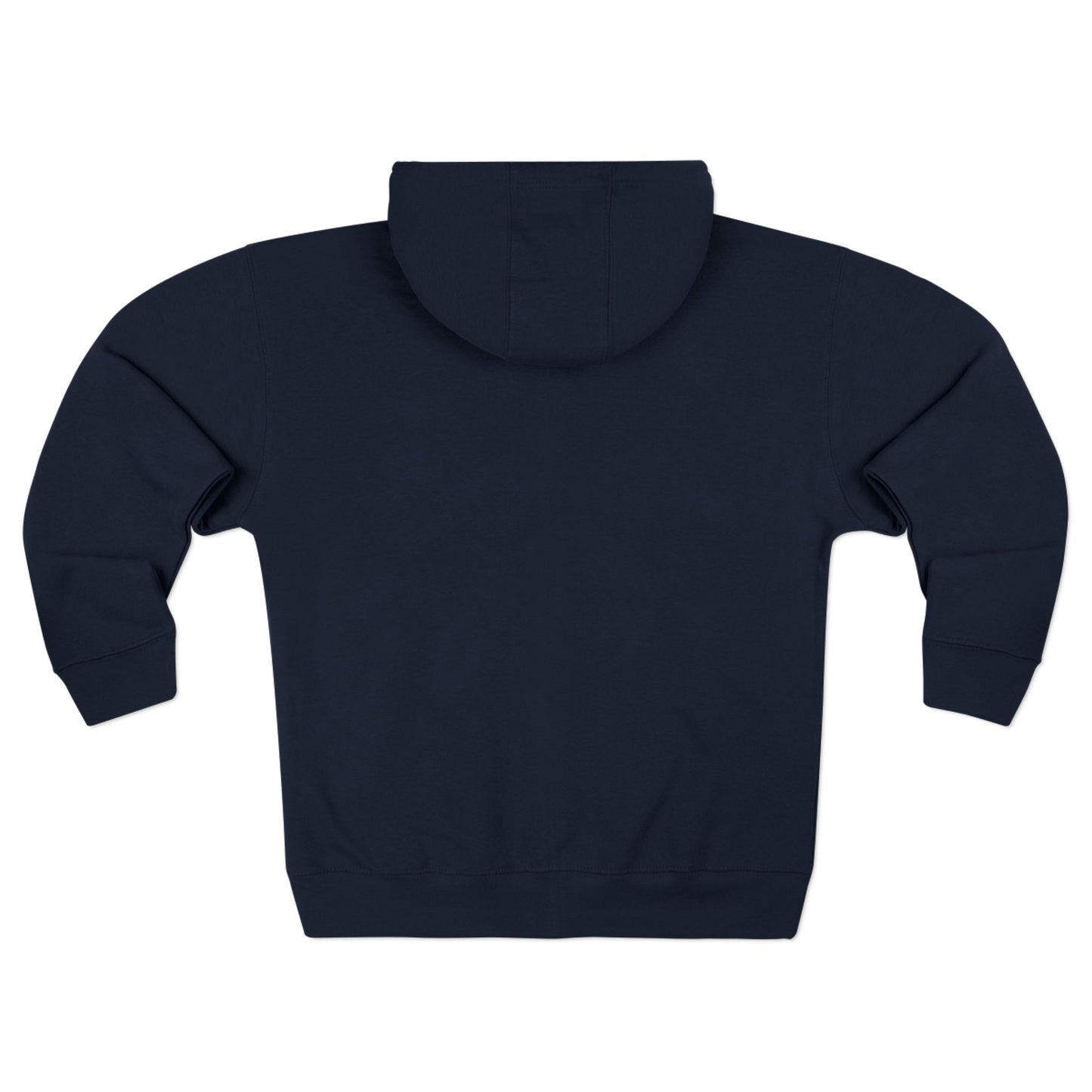 Back of navy blue hoodie on a white background