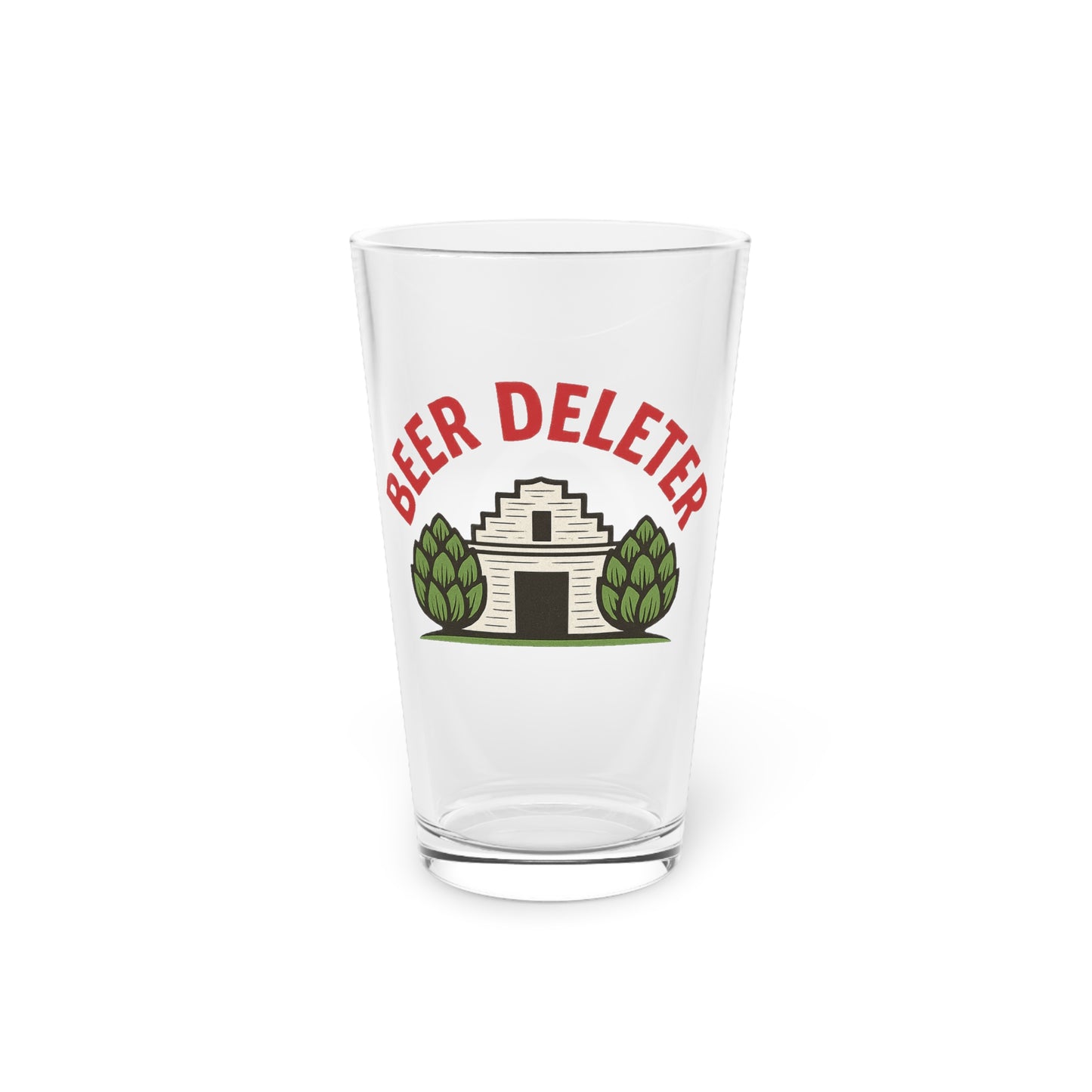 Clear glass with 'Beer Deleter' design on a white background
