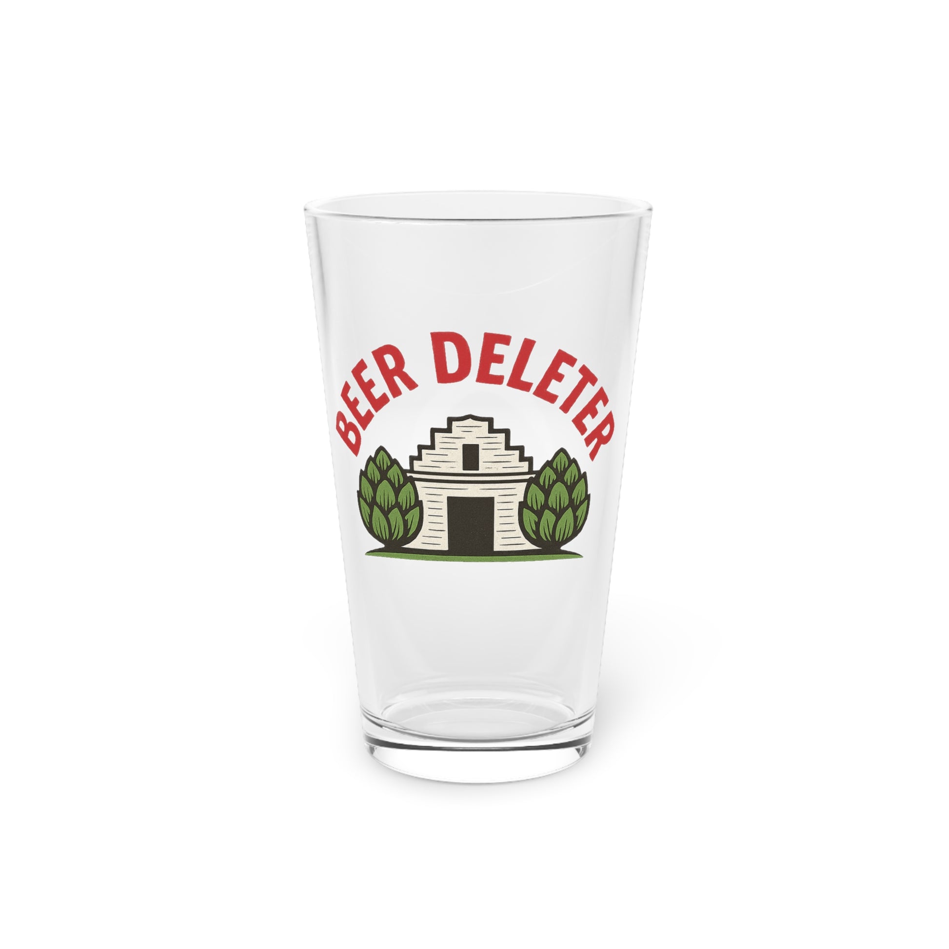 Clear glass with 'Beer Deleter' design on a white background