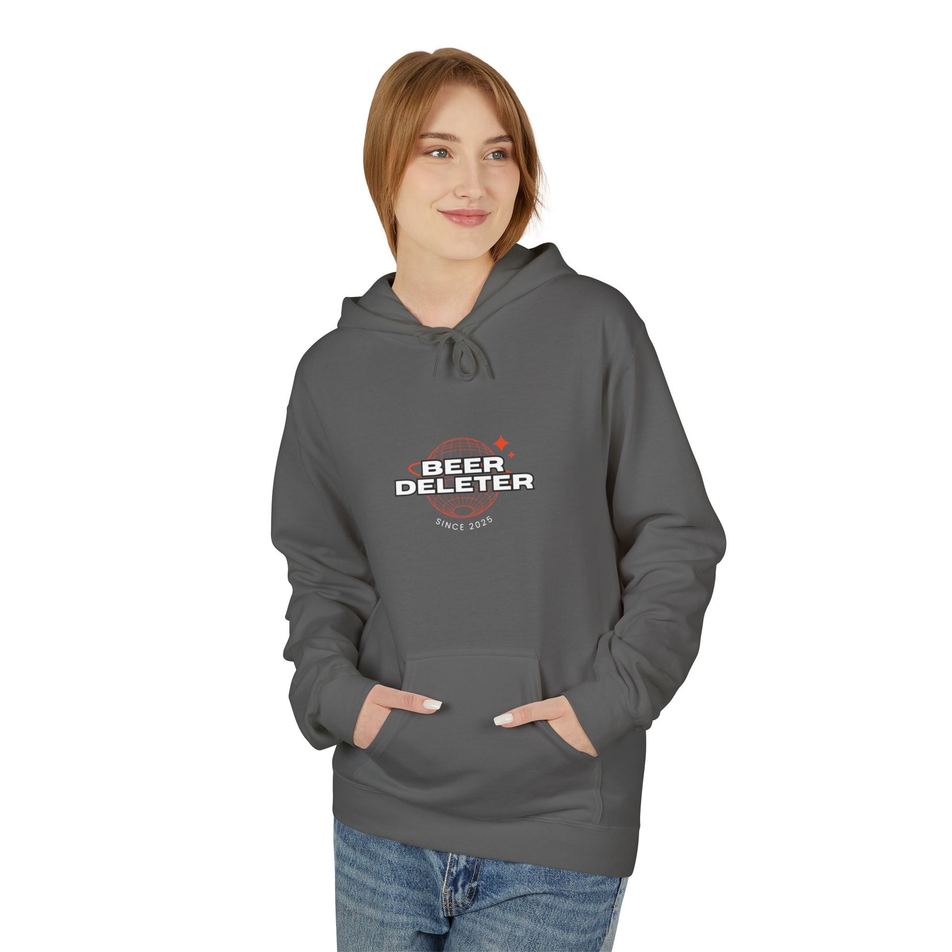 Person wearing a gray hoodie with 'Beer Deleter' text on a white background