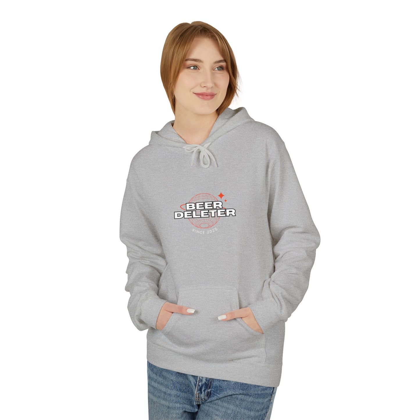 Person wearing a gray hoodie with 'Beer Deleter' text on a white background