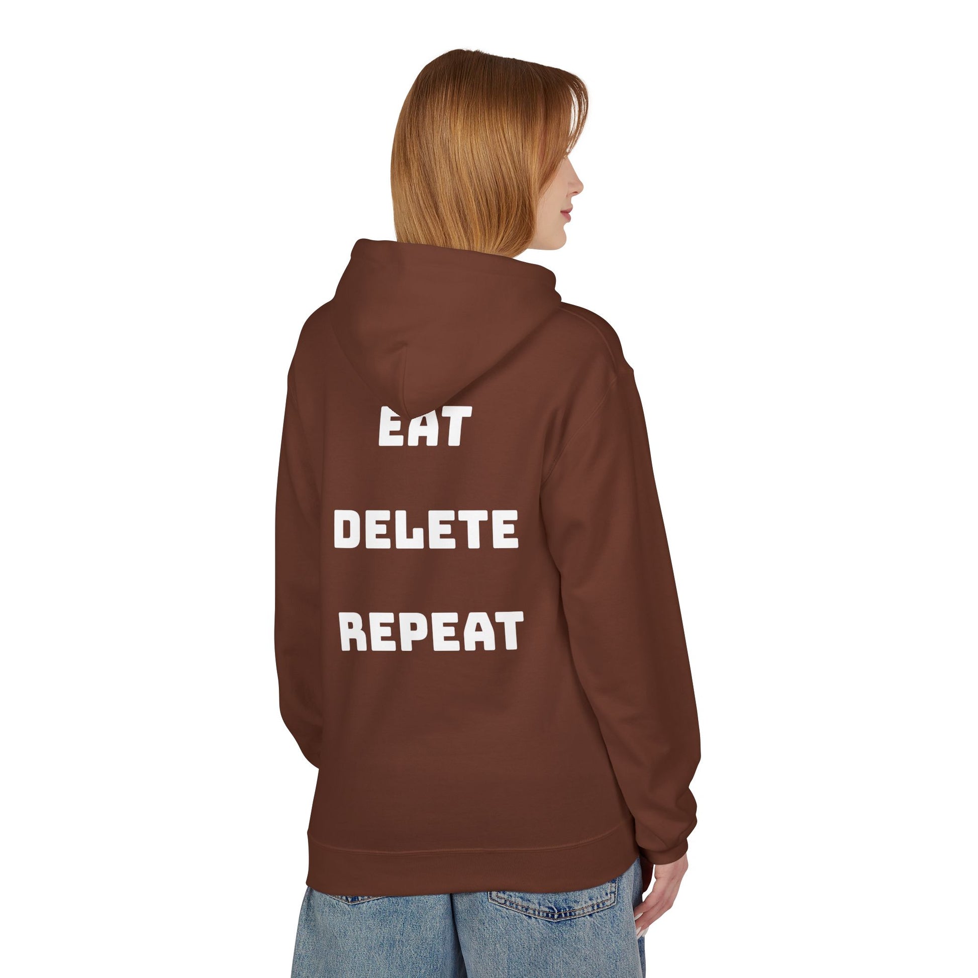 Person wearing a brown hoodie with 'EAT DELETE REPEAT' text on the back, standing against a white background.