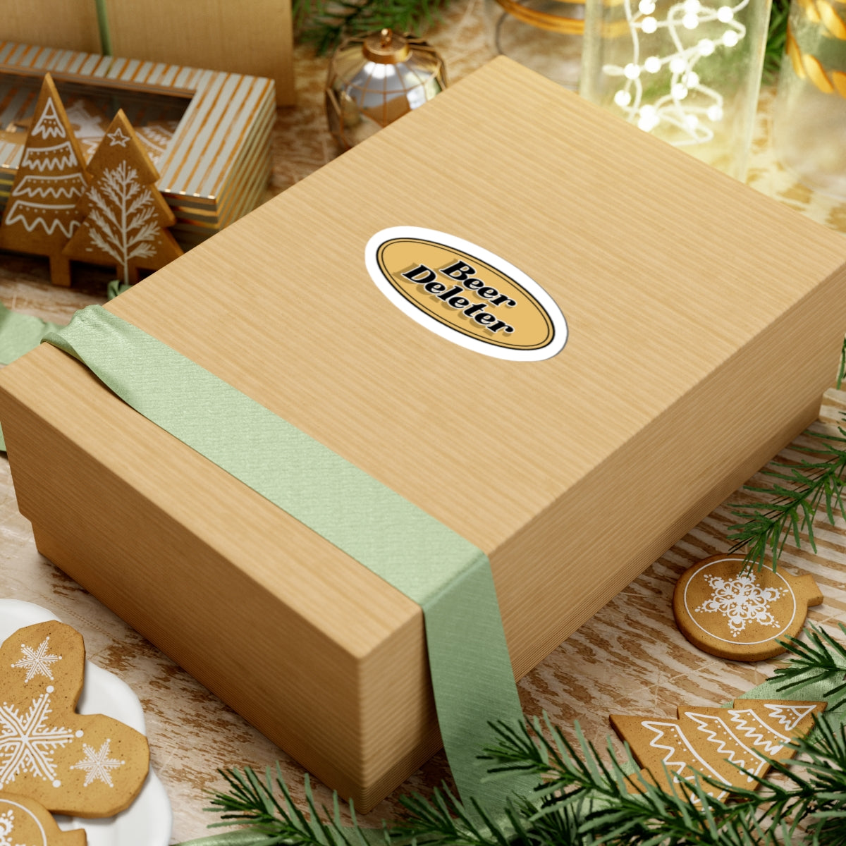Wooden gift box with a green ribbon and 'Beer Deleter' sticker on a festive background with cookies and lights.