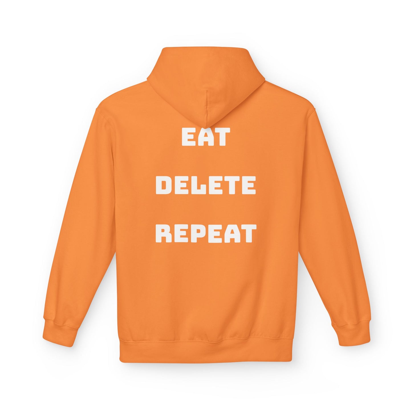 Orange hoodie with 'EAT DELETE REPEAT' text on the back against a white background