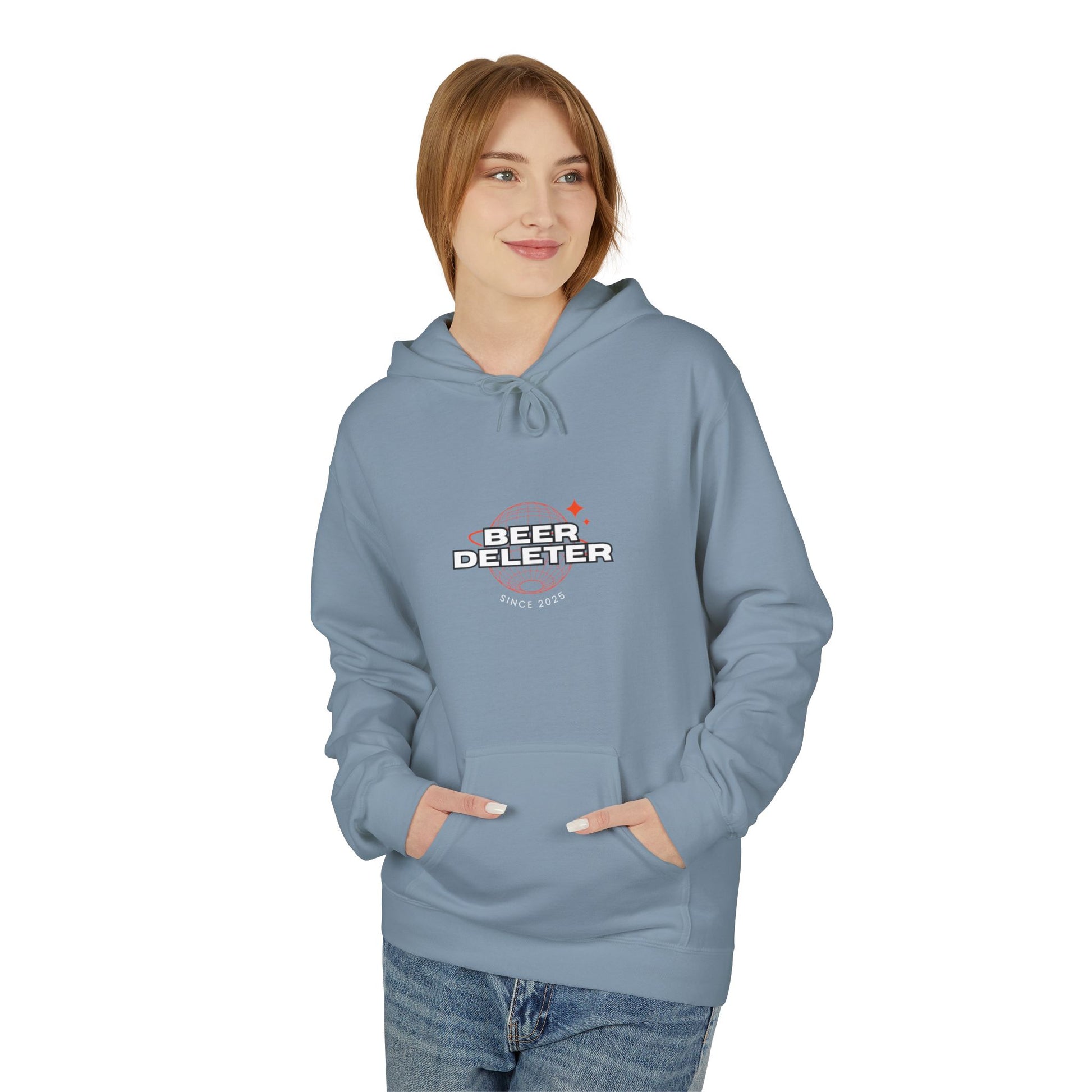 Person wearing a light blue hoodie with 'Beer Deleter' text on a white background