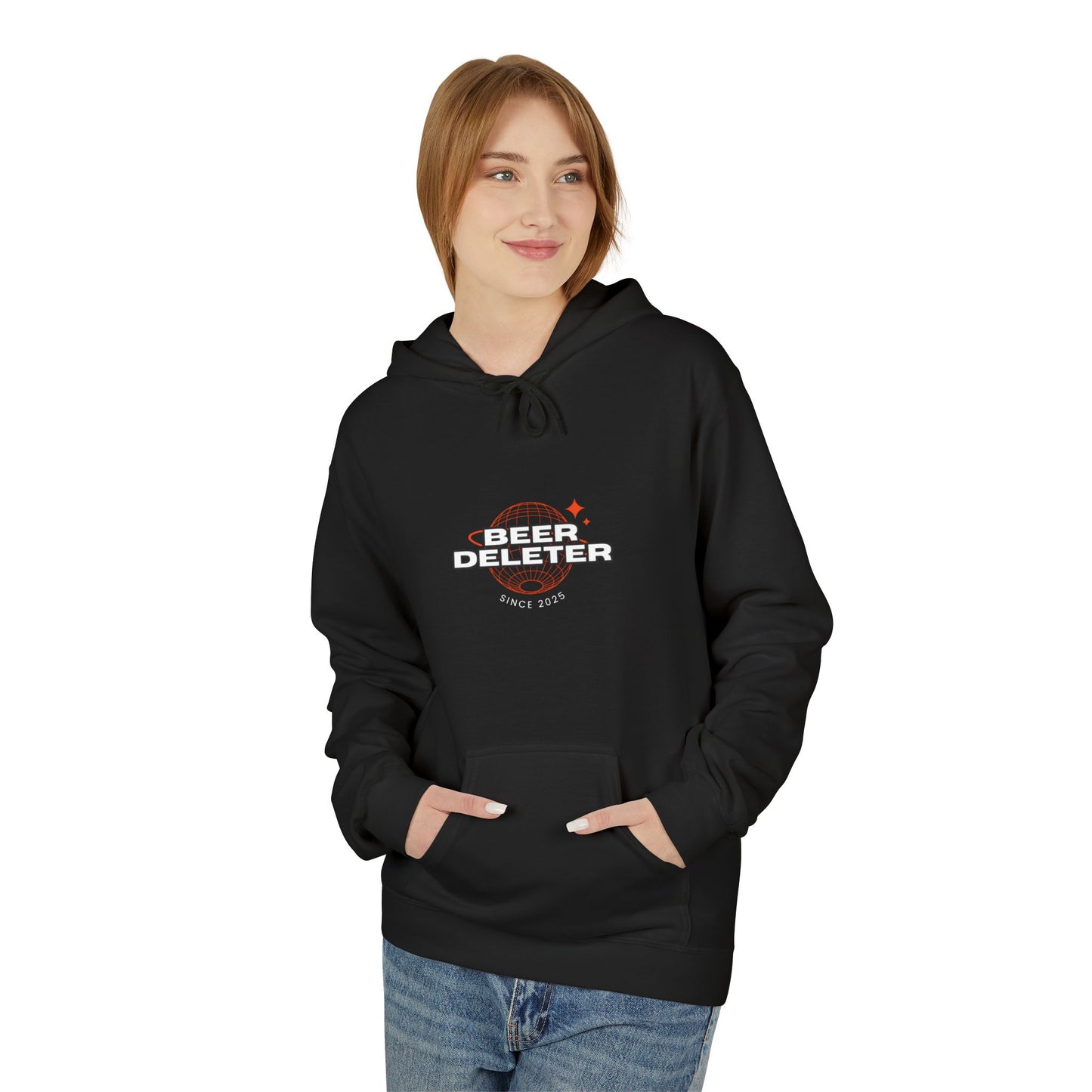 Person wearing a black hoodie with 'Beer Deleter' logo on a white background