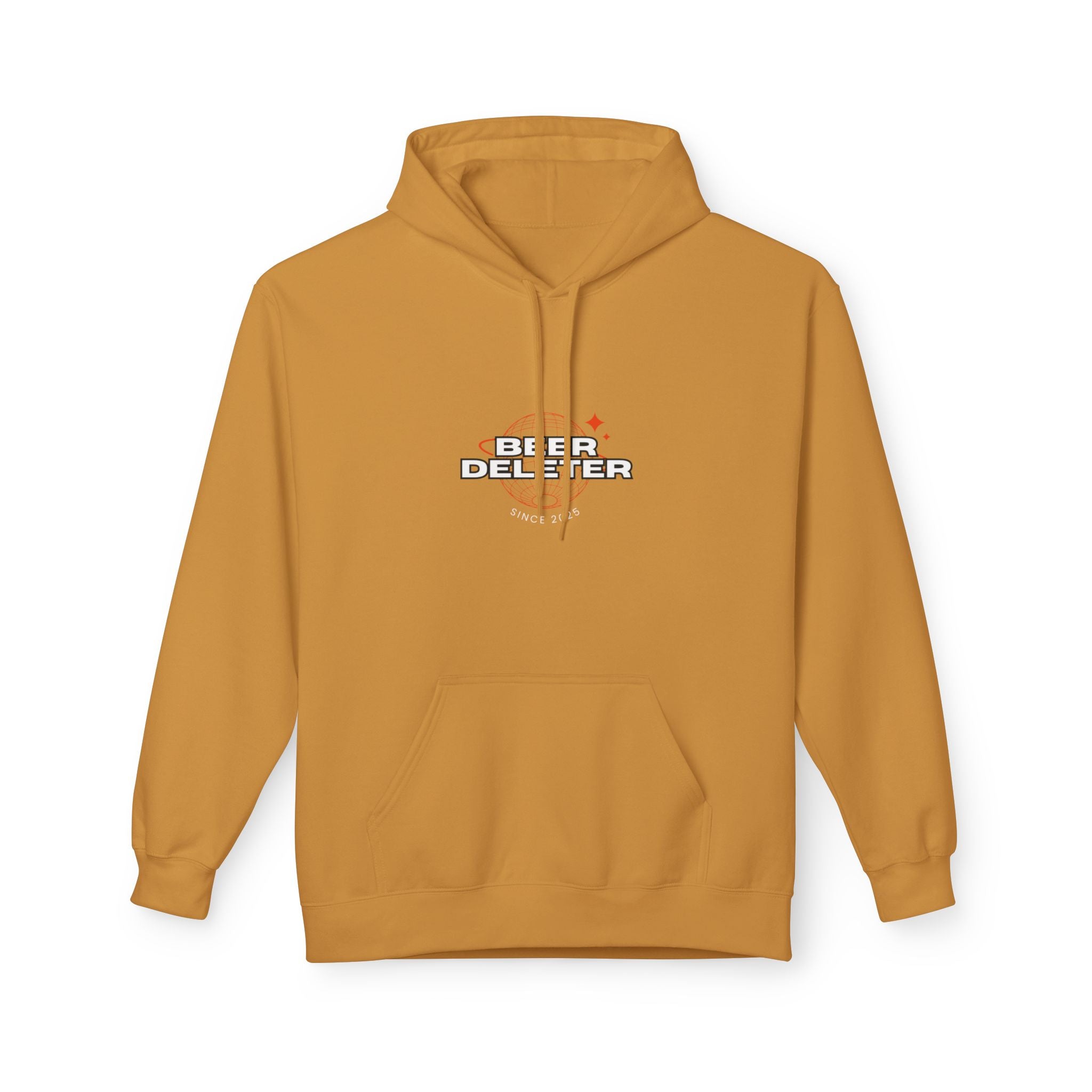 Mustard yellow hoodie with 'Beer Deleter' text on a white background