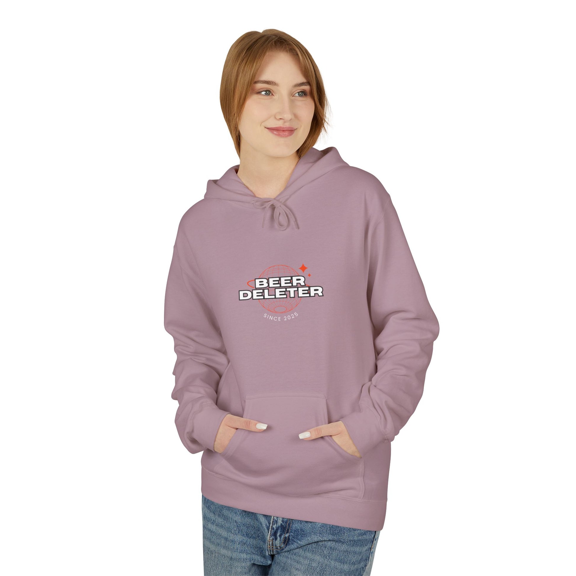 Person wearing a purple hoodie with 'Beer Deleter' text on a white background