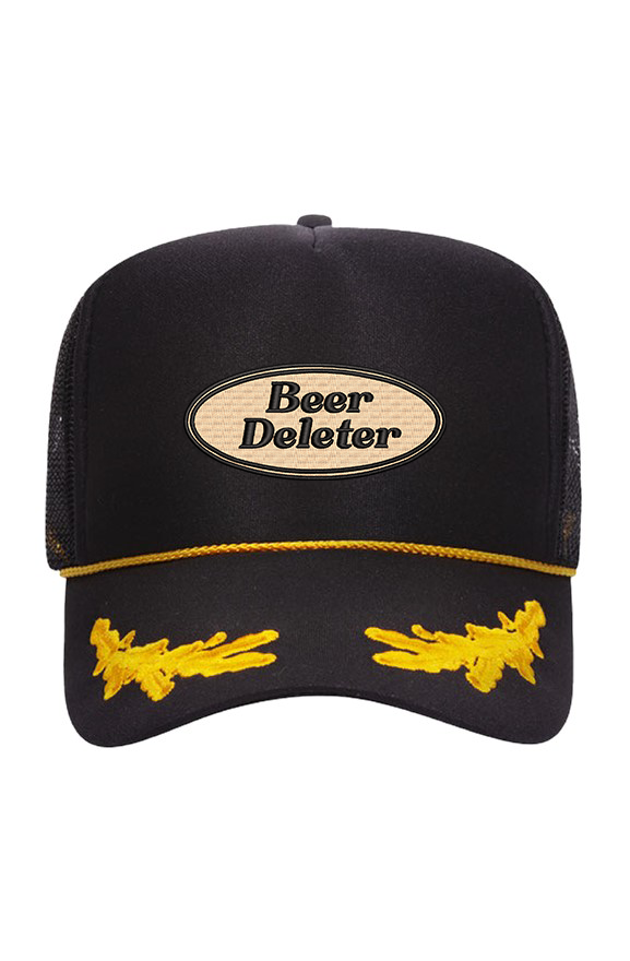 Black cap with 'Beer Deleter' logo and yellow accents on a white background