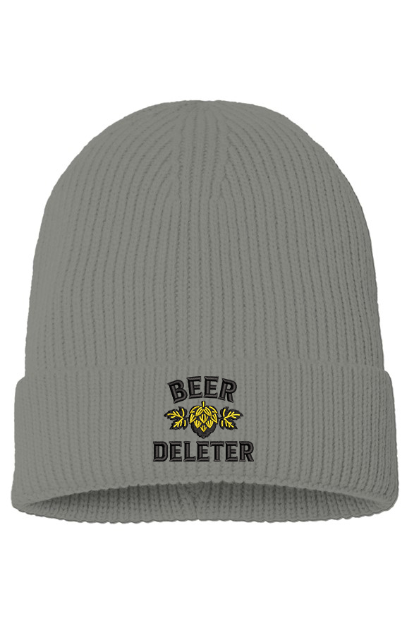 Gray beanie with 'Beer Deleter' text and logo on a white background