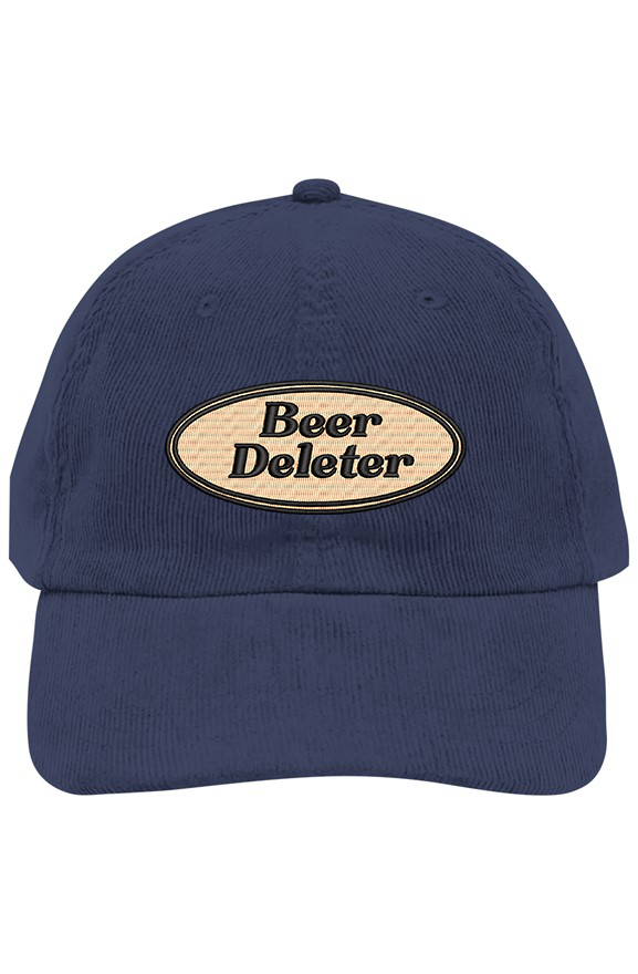 Navy blue cap with 'Beer Deleter' text on a white background